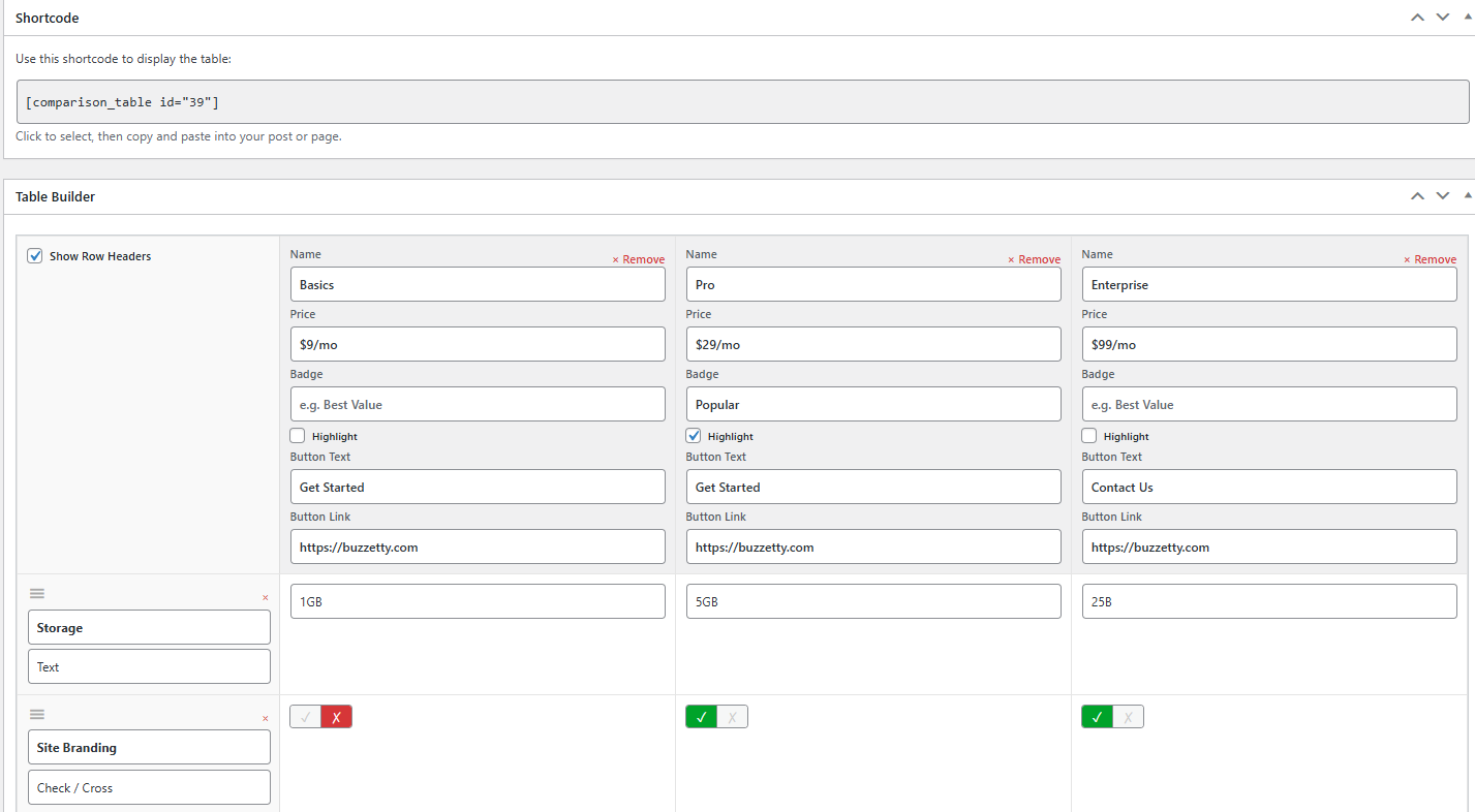 Price Comparison Tables - Free WordPress Plugin screenshot 2